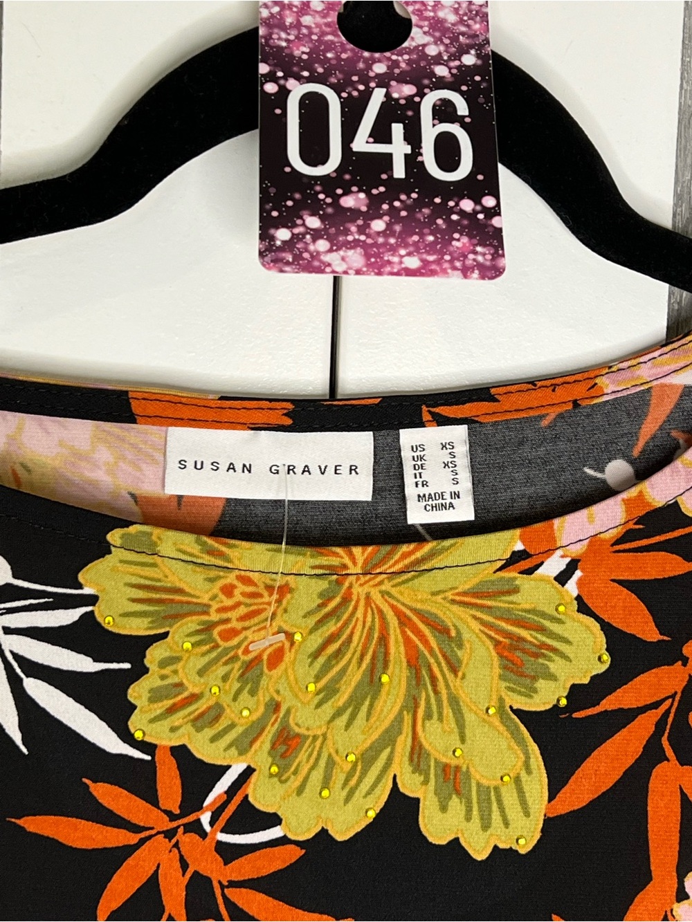 Floral Print Black Women's Blouse with Pink & Olive Flowers - Picture 8 of 8